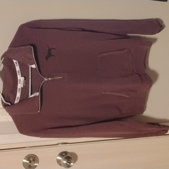 PINK Victoria's Secret Tops - 💕Vintage VS PINK Oversized Maroon ¼ Zip w Leopard Print Lettering XS